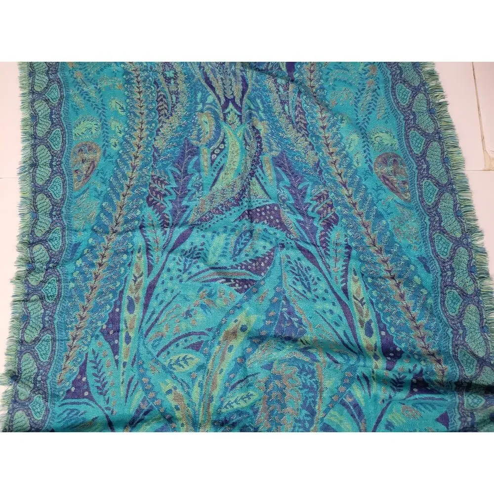 Womens Teal Turquoise Purple Paisley Woven Scarf Shawl Wrap Boho Fringe